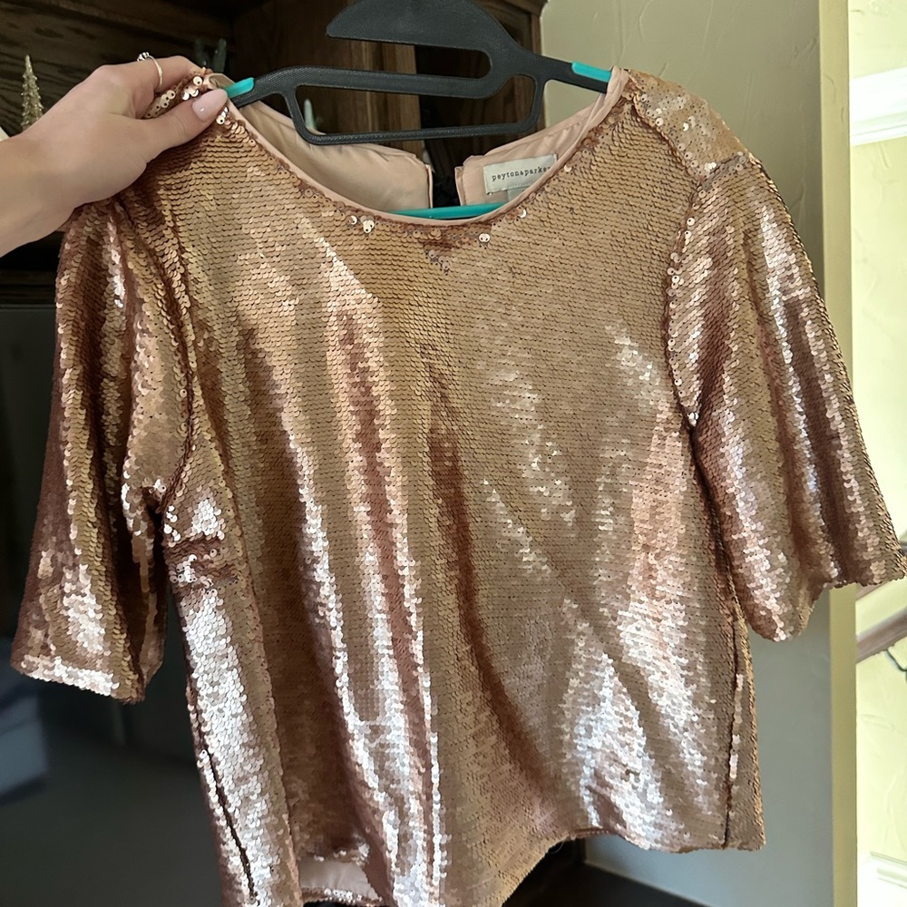 Rose Gold Sequin Blouse with Black Ribbon Bow in back